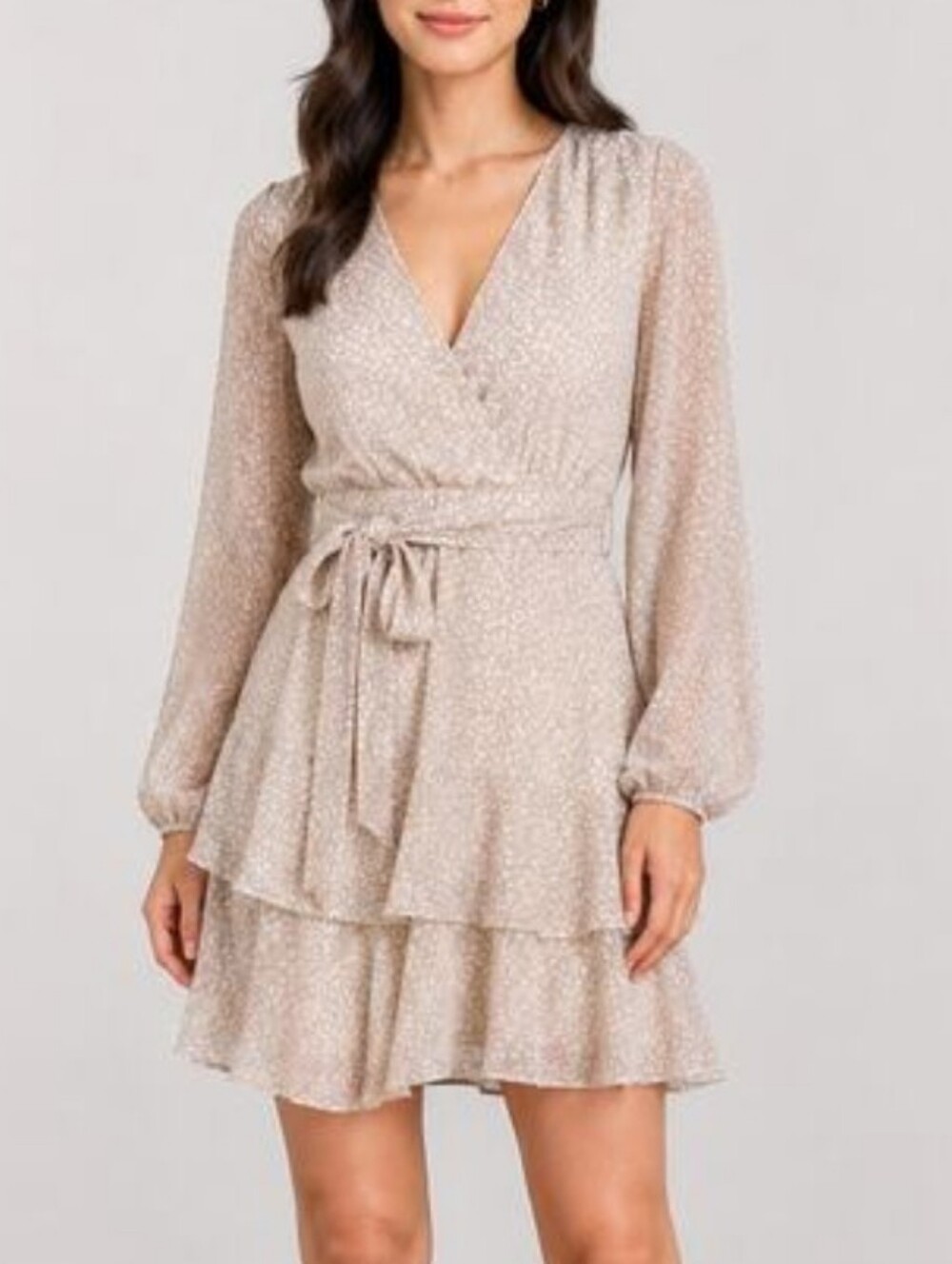 Japna Beige & Cream Leopard Print Ruffle Mini Dress Long Sleeve Faux Wrap Size M